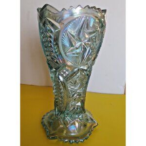 L.E. Smith 9" Tall turquoise iridescent Whirling Star Glass Vase 1970's